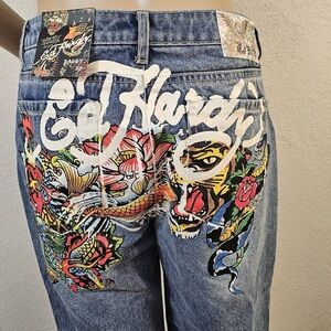 Ed Hardy Women's Blue Jeans with Vibrant Graphic Art Baggy Size 32